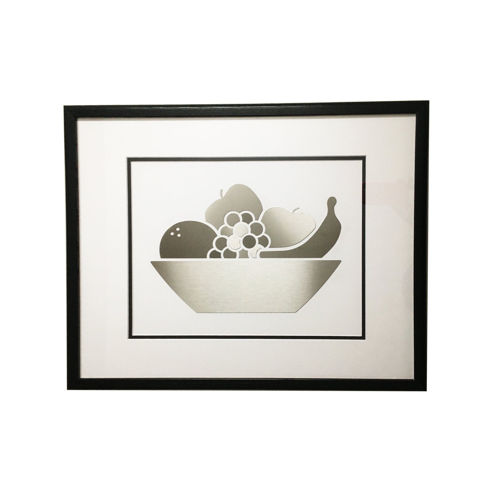 Modern Geometric Stainless Steel Silhouette Artwork of a Fruit Bowl Glass Framed in a 16 x 20 Wooden Frame