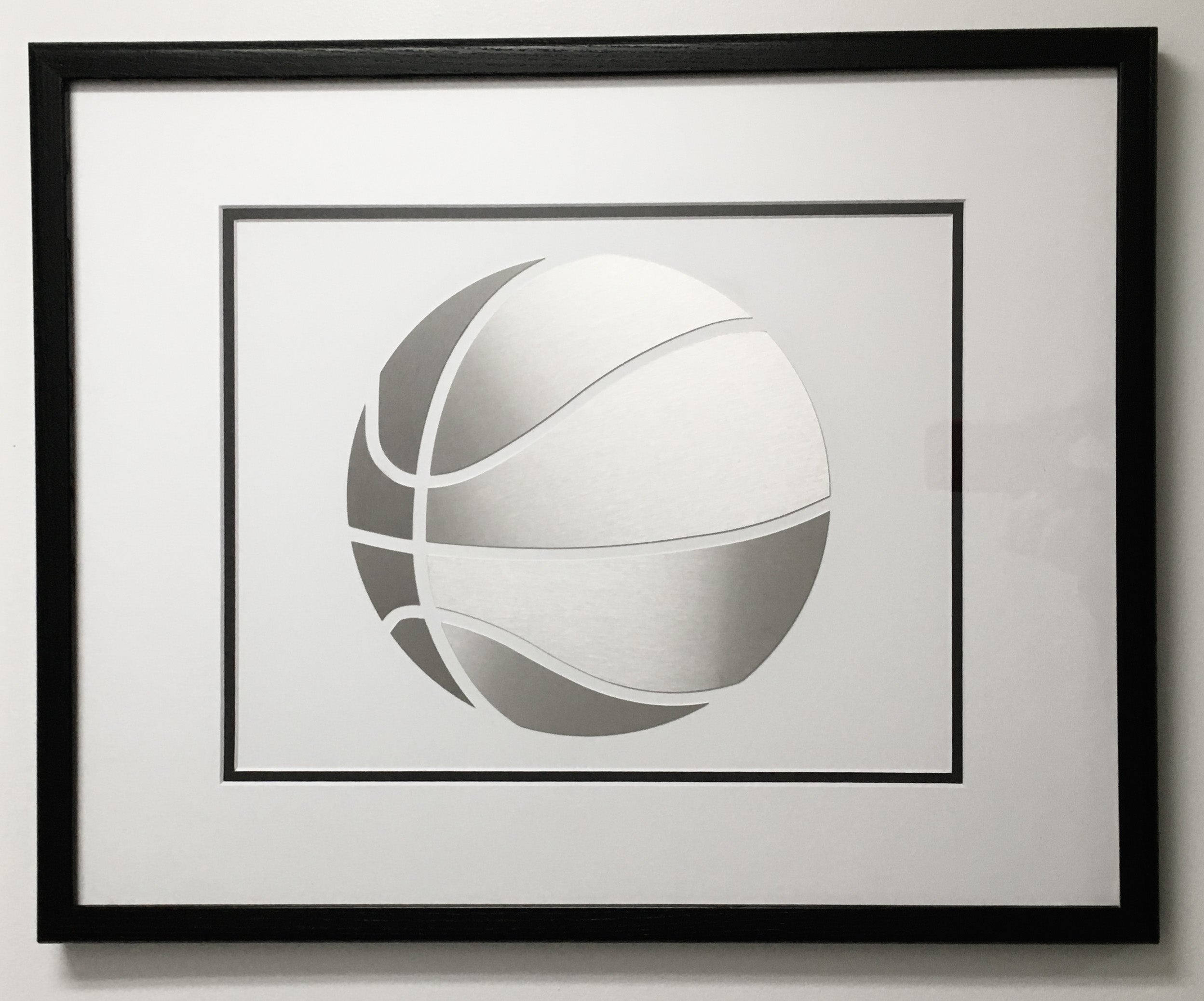 Modern Geometric Stainless Steel Silhouette Artwork of a Basket Ball Glass Framed in a 16 x 20 Wooden Frame