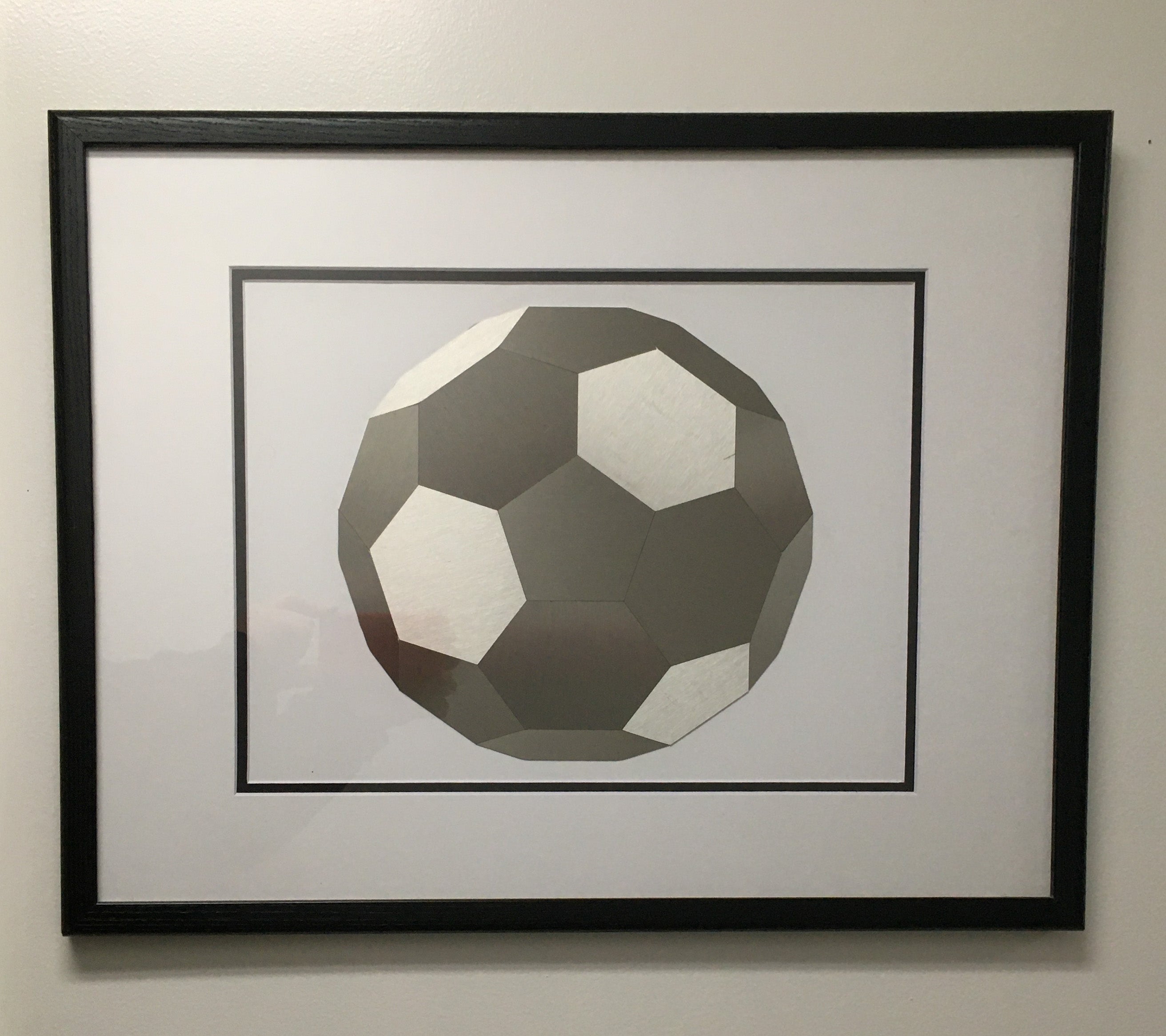 Modern Geometric Polygonal Stainless Steel Silhouette Artwork of a Soccer Ball Glass Framed in a 16 x 20 Wooden Frame