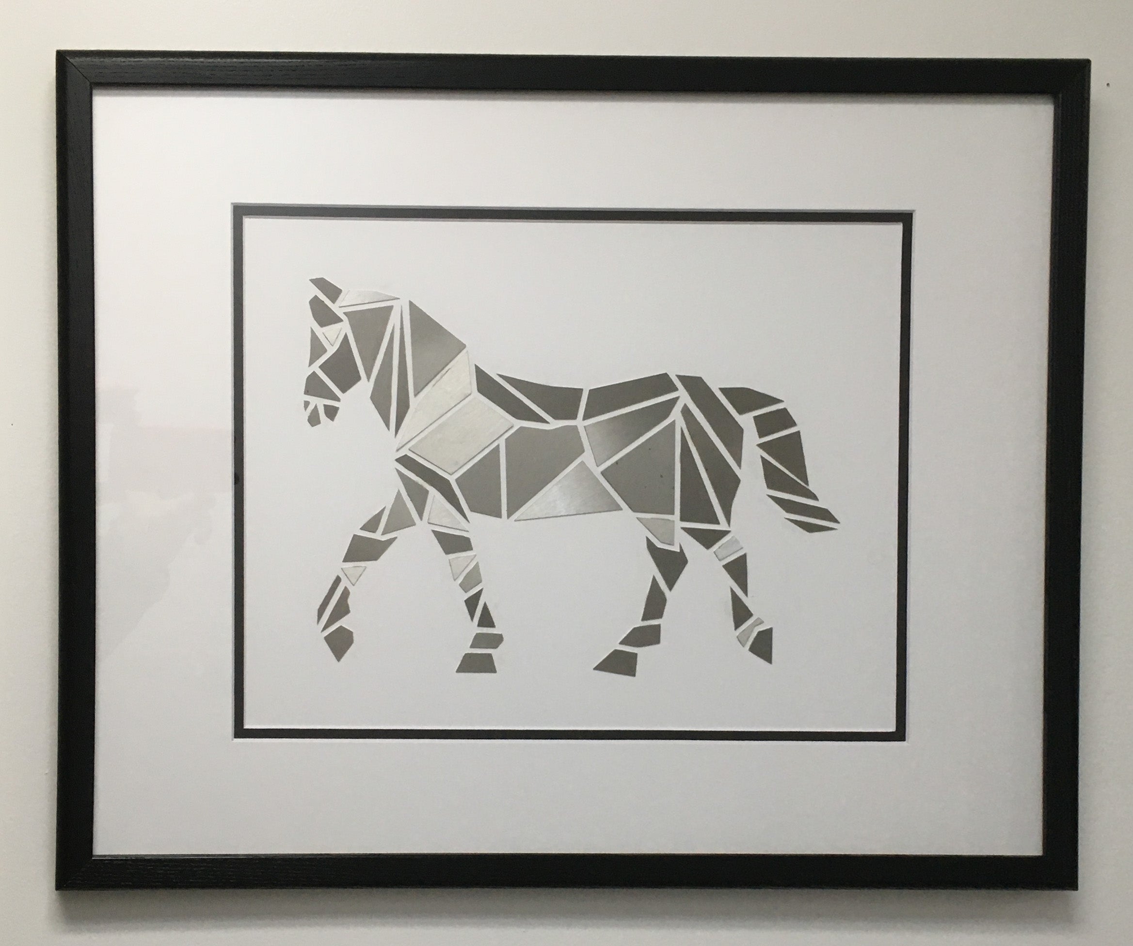 Modern Geometric Polygonal Stainless Steel Silhouette Artwork of a Horse Glass Framed in a 16 x 20 Wooden Frame
