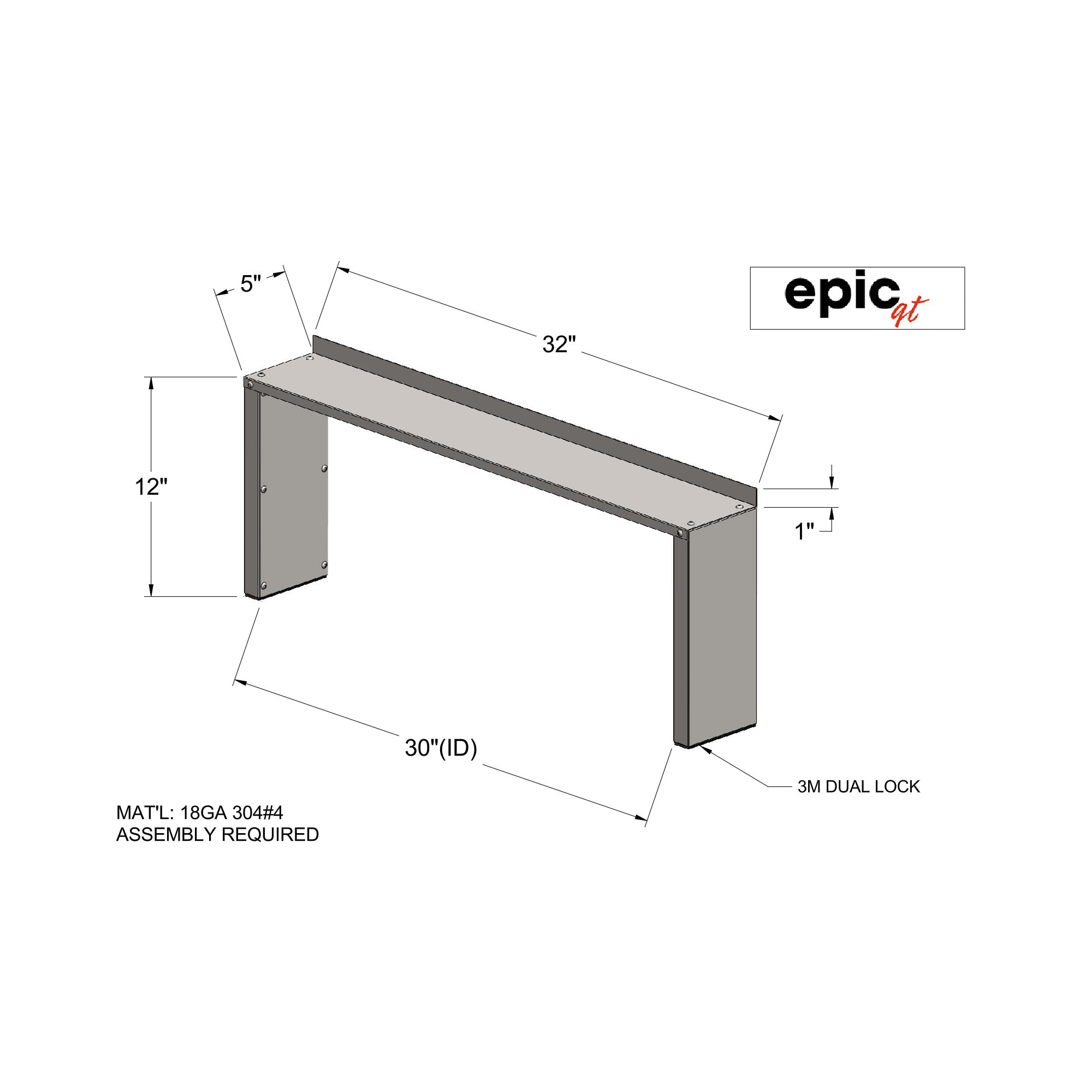Custom Free Standing 18ga Brushed Grade 304 Raised Stove Shelf 5" x 32" x 12" Ver. 2
