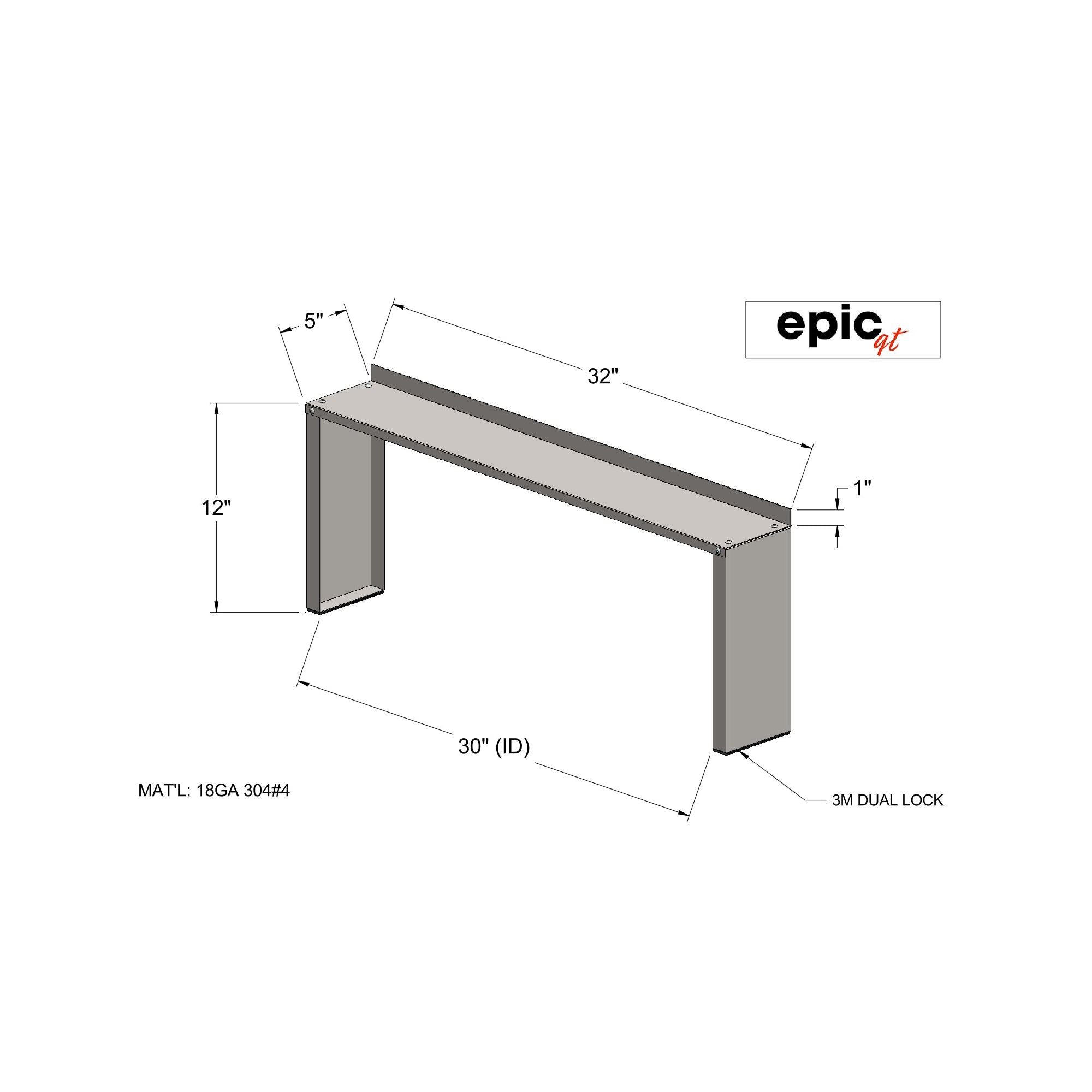 Custom Free Standing 18ga Brushed Grade 304 Raised Stove Shelf 5" x 32" x 12" Ver. 1